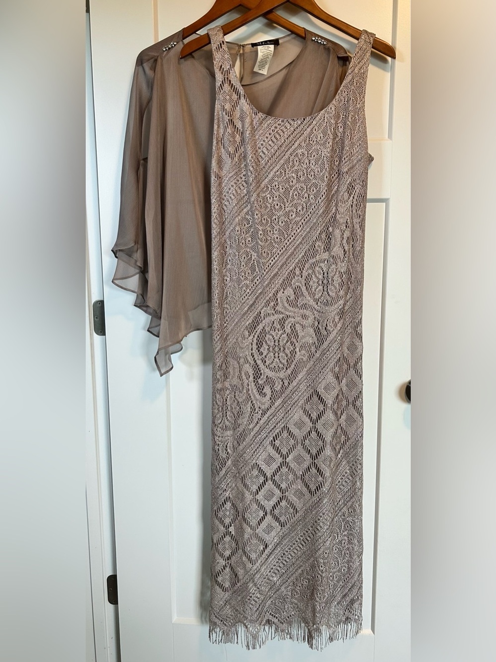 Vintage 90s S.L. Fashions Metallic Crochet Lace & Chiffon Cape 2-Piece Dress Set